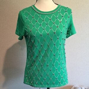 Green Short-Sleeve Embellished Women's Top
